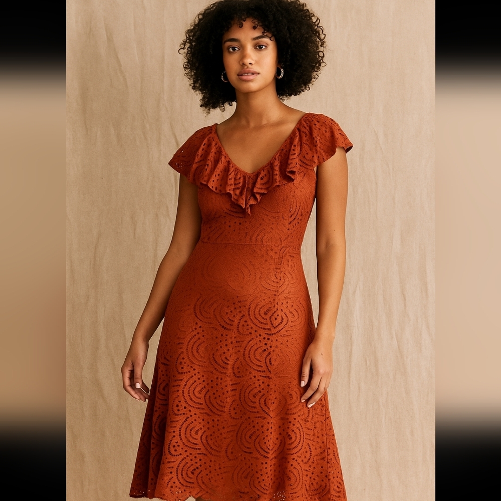 Reba Rust Orange Eyelet Ruffle Midi Dress Size XL